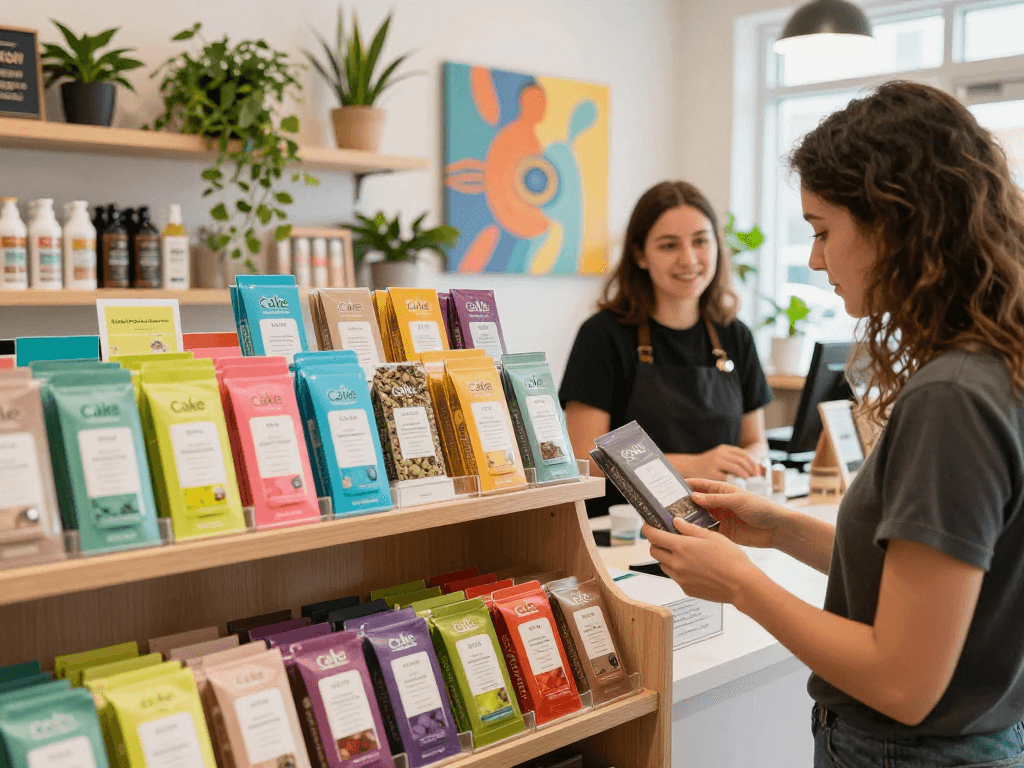 Cake carts displayed in a vibrant dispensary, showcasing variety and customer engagement.