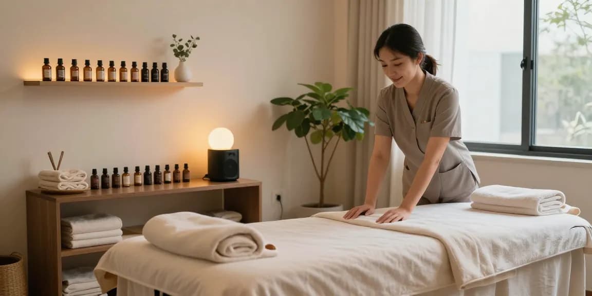 Personal massage therapy room in a 1인샵 with calming decor and essential oils.