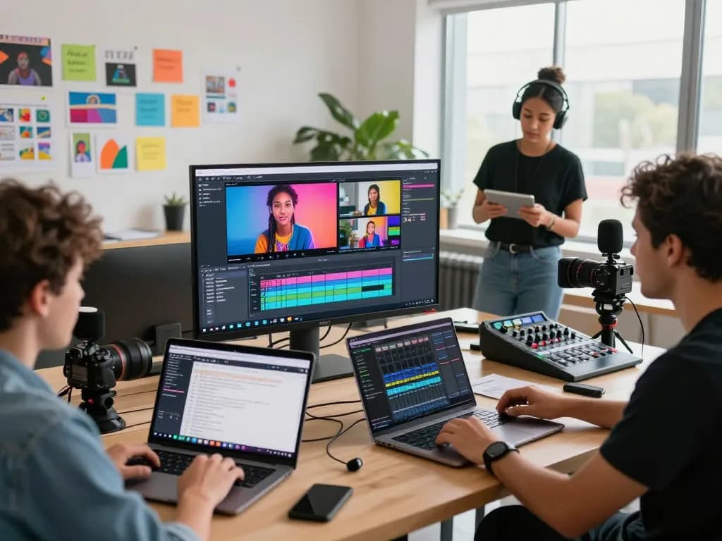 Team of creators using seedance 2.0 for collaborative video production in a dynamic studio setting.