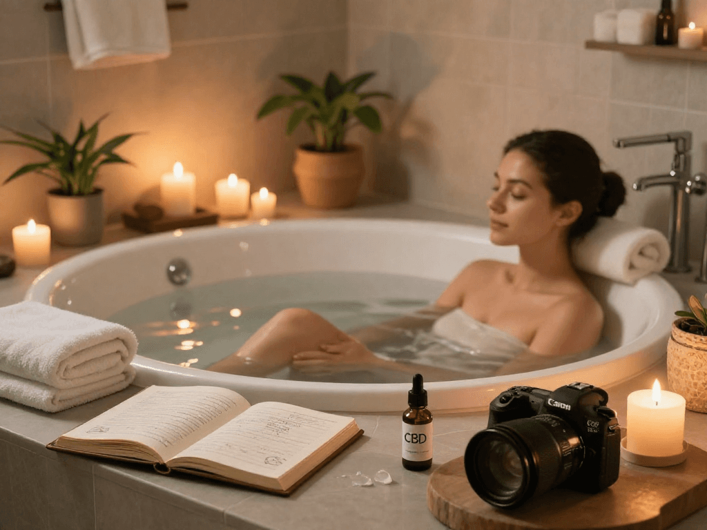 Buy pre-rolls online for natural wellness: soothing CBD bath oils and relaxation atmosphere in spa-like setting.