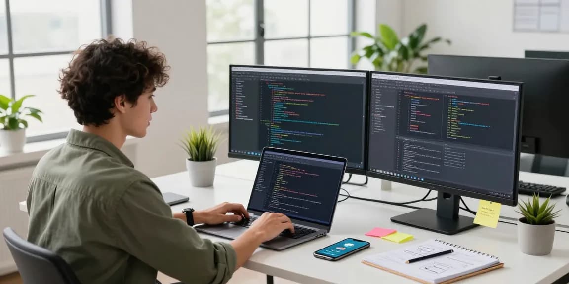 Dynamic software workspace showcasing a developer coding with Telegram on screens, reflecting modern tech aesthetics and productivity.