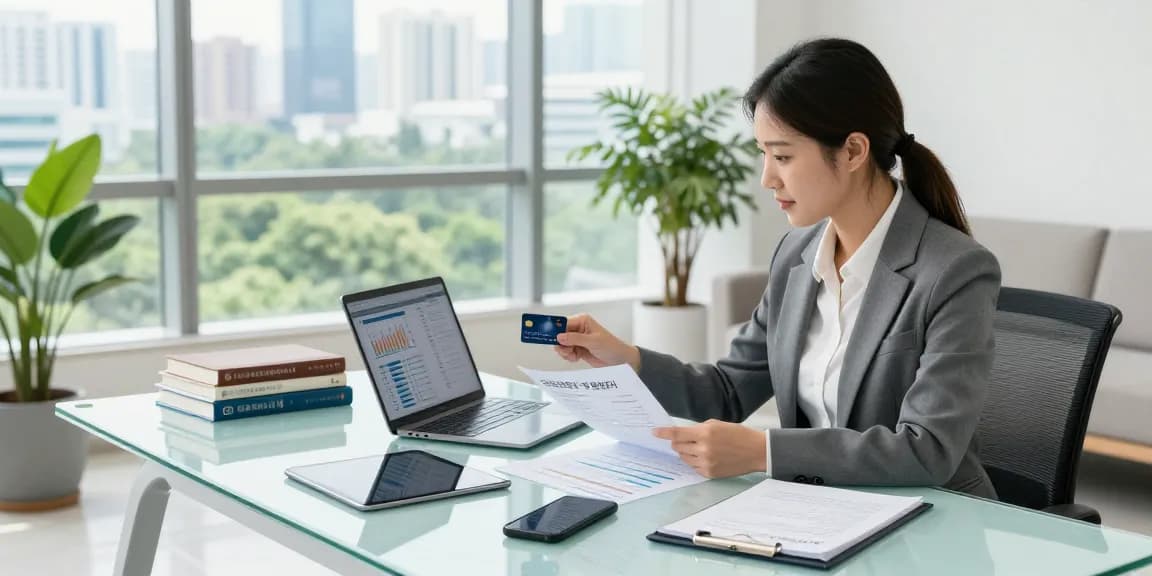Financial advisor analyzing 신용카드현금화 strategies in a modern office setting with data and documents.