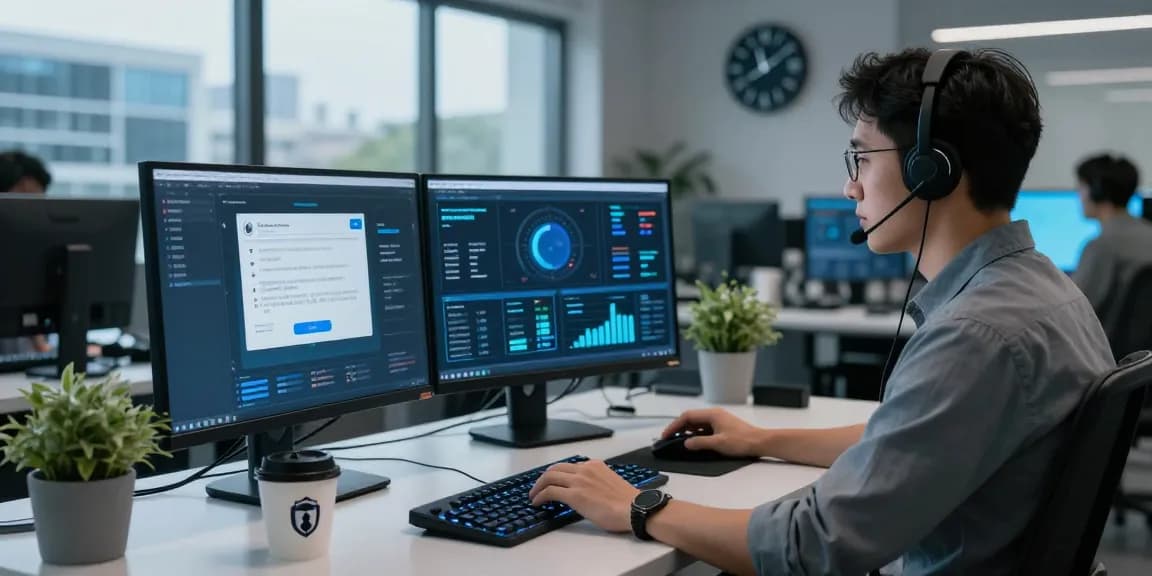 Cybersecurity analyst at high-tech desk monitoring security alerts from https://shs-dome5.com/ with multiple screens.
