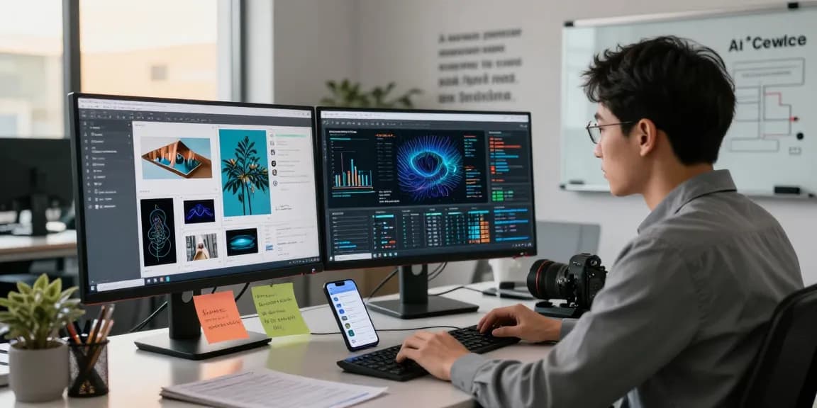 AI image checker analysis in a modern workspace environment with dual monitors displaying data patterns.