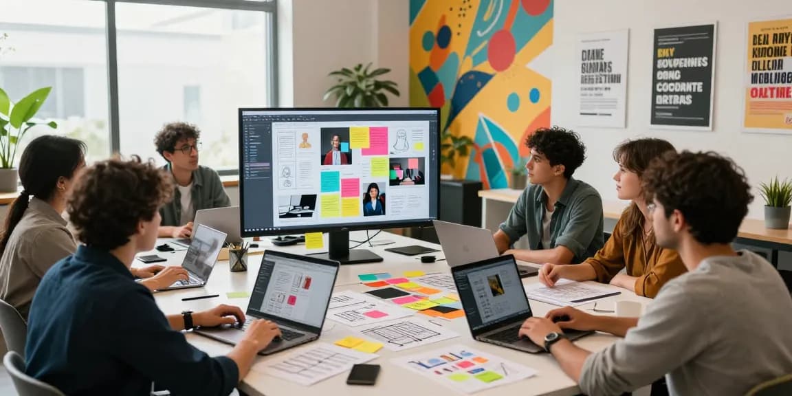 Team brainstorming on a mixboard in a vibrant creative workspace