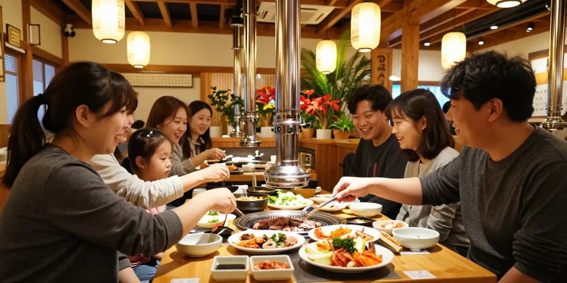 Delicious Korean BBQ meal at 상봉동 한국관 surrounded by friends in a cozy restaurant