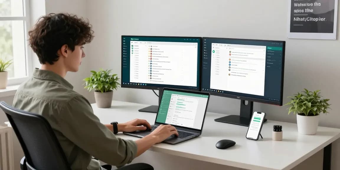 Professional using WhatsApp電腦版 on a laptop in a modern home office setup