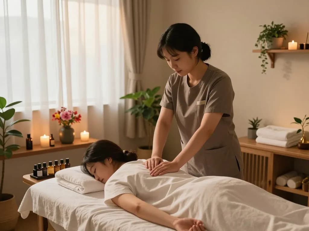 Relaxing Swedish massage in a 1인샵 studio in Seoul with serene atmosphere.