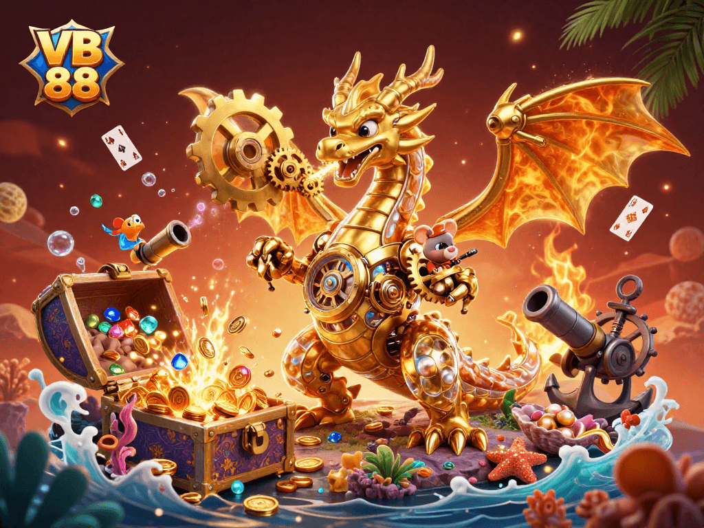 Experience the thrill of VB 88 with an epic 3D dragon scene featuring golden treasures and casino action.