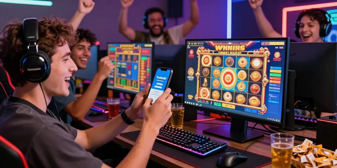 Kudaliar89 menunjukkan momen kemenangan bersama teman di slot online dengan kode verifikasi dan suasana ceria.