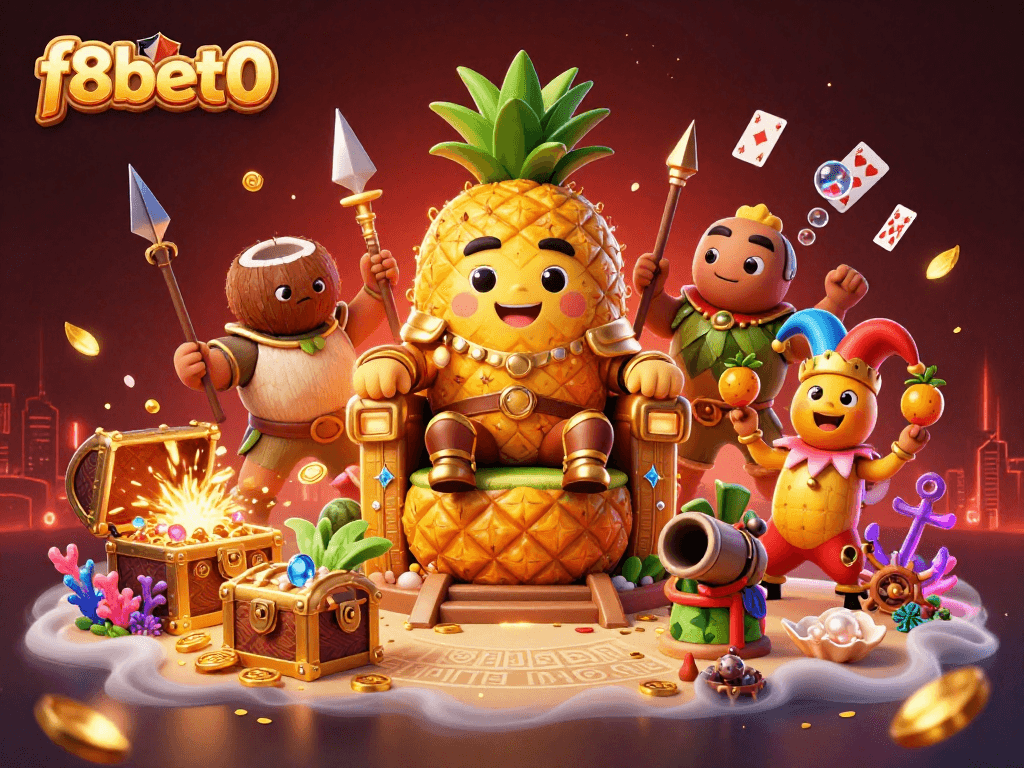 Experience f8bet0 with the golden pineapple king and exciting casino elements in a rich, vibrant scene.