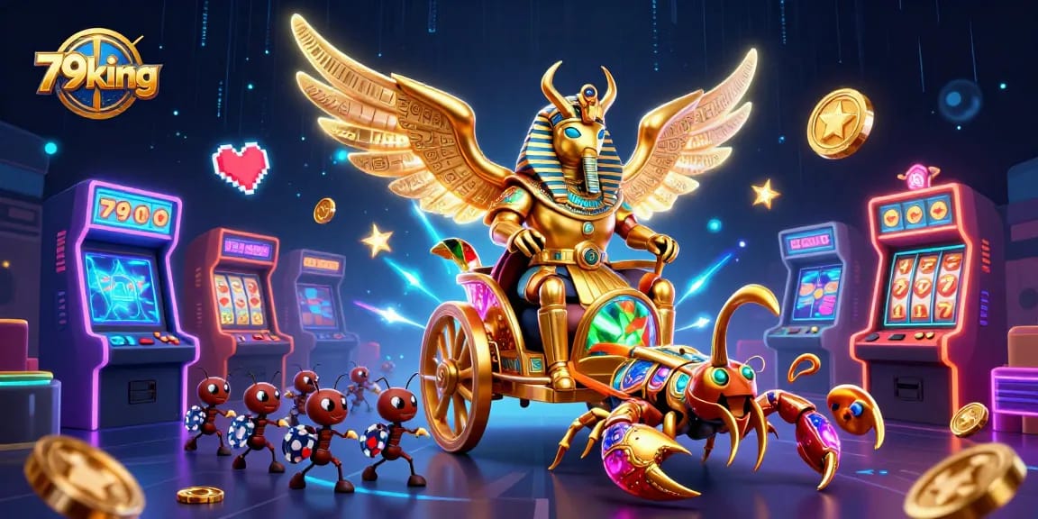 Explore the vibrant 79king casino world with a golden scarab beetle and dynamic gaming elements.
