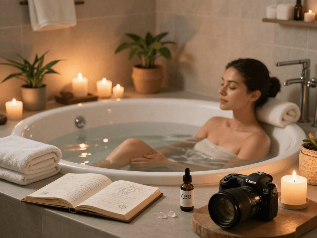 Buy pre-rolls online for natural wellness: soothing CBD bath oils and relaxation atmosphere in spa-like setting.