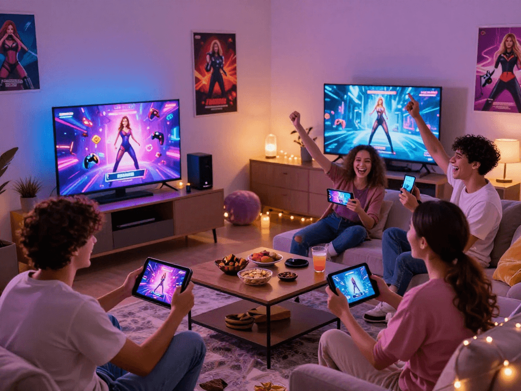 Group enjoying sex games on various devices in a vibrant living room environment.