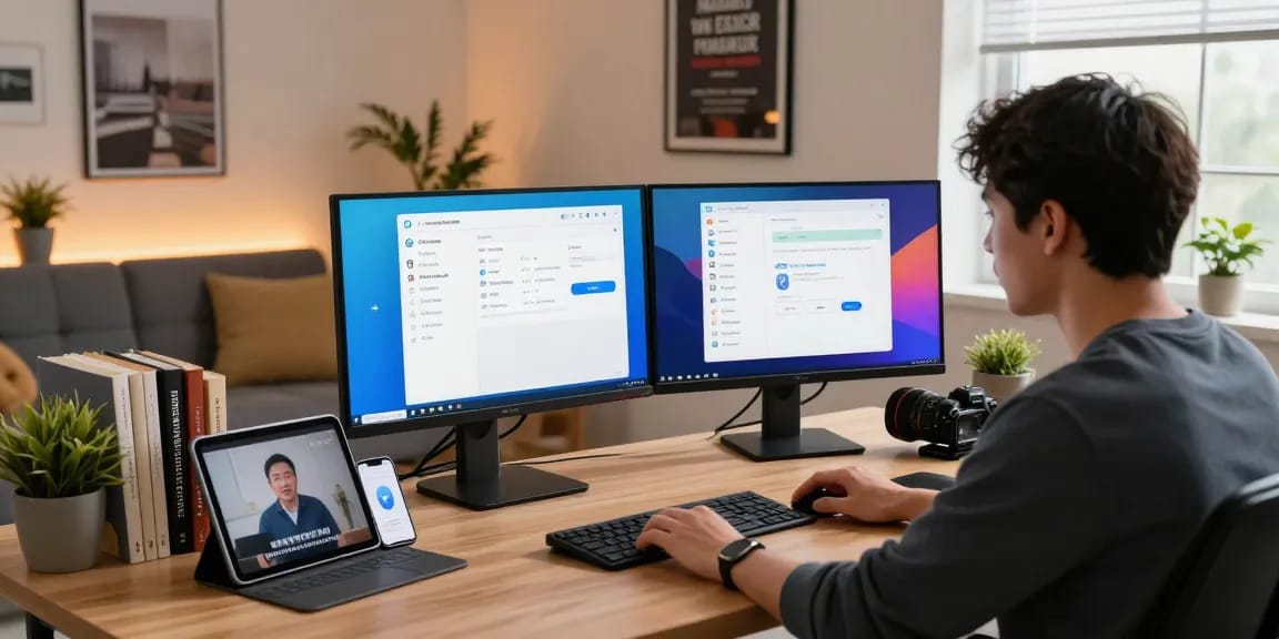 Customizing telegram中文版 interface on desktop in a modern workspace with vibrant elements.