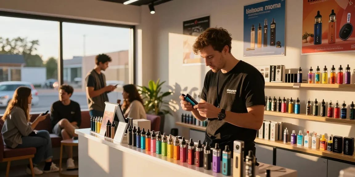Customer exploring Hayati proma at a vibrant vape shop with e-liquids and kits.