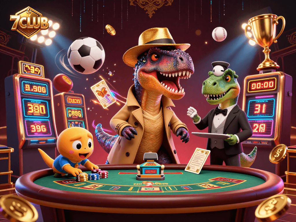 7CLUB showcases a cartoon velociraptor counter at a blackjack table amidst thrilling gaming elements.