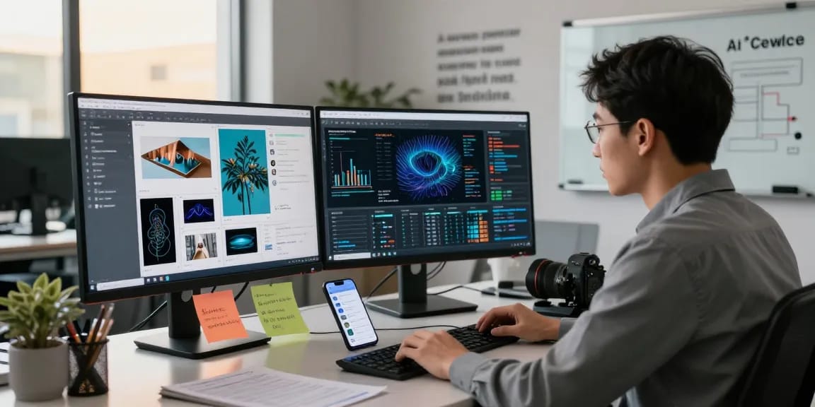 AI image checker analysis in a modern workspace environment with dual monitors displaying data patterns.