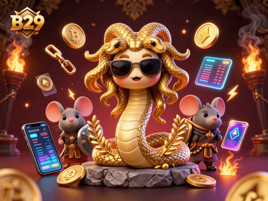 B29 players engage in thrilling casino games surrounded by vibrant crypto elements and dynamic illustrations.