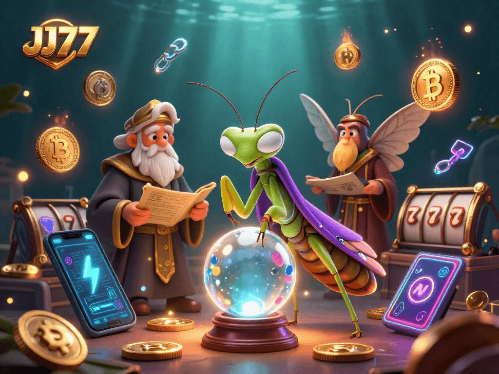 Engage with JJ77's vibrant casino scene featuring a fortune teller and crypto-themed elements.