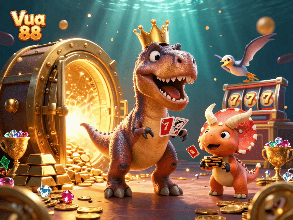 Vua 88 showcases a rich casino scene with playful T-Rex and friends gaming together.