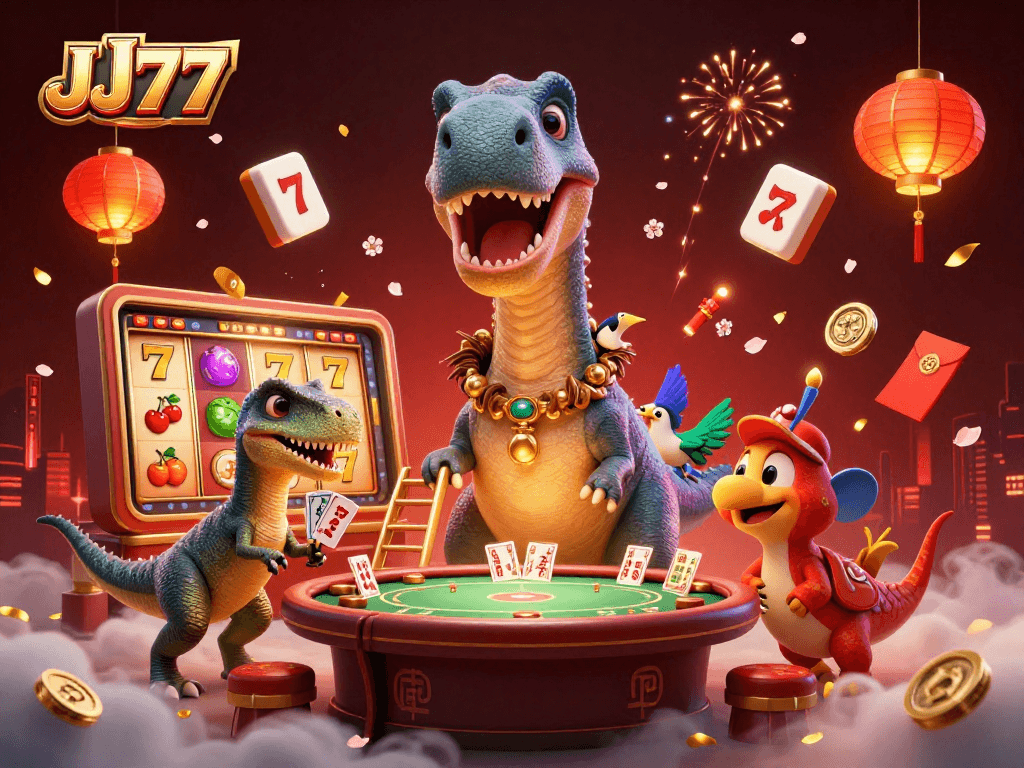 Experience the thrill of JJ77 with a brontosaurus and clever raptor in an exciting casino scene.