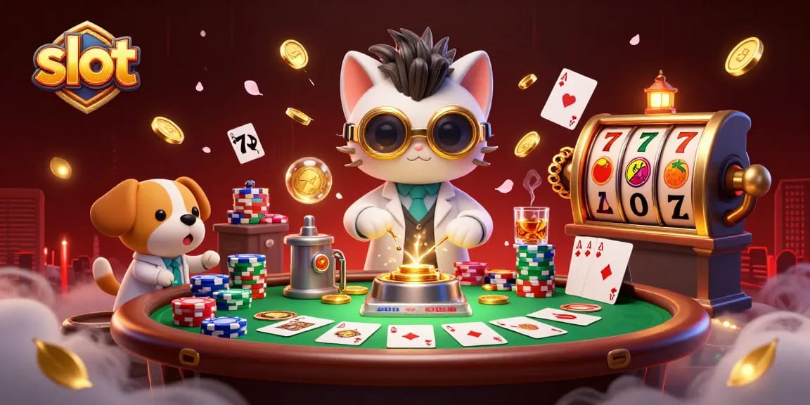 Spin the slot reels and join the mad scientist cat and dog in a vibrant casino scene.