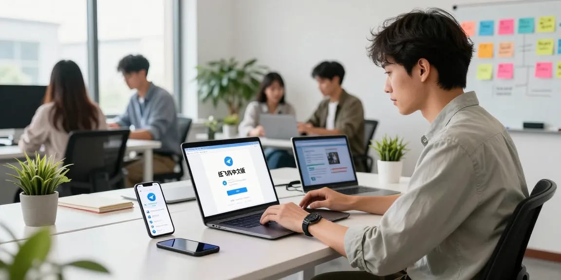 Engaged professional using 纸飞机中文版 on a laptop in a tech workspace.