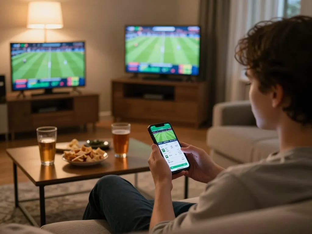 Engaging in Bola Online betting through a smartphone during a thrilling sports match at home