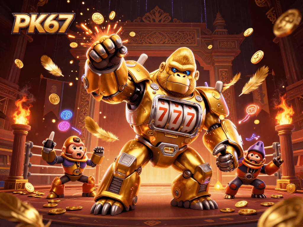 Engage with PK67's thrilling action featuring a golden gorilla mech amidst a vibrant casino atmosphere.