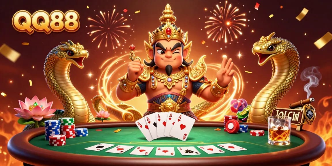 QQ88 showcases exciting poker gameplay with a vibrant Thai guardian and casino elements.