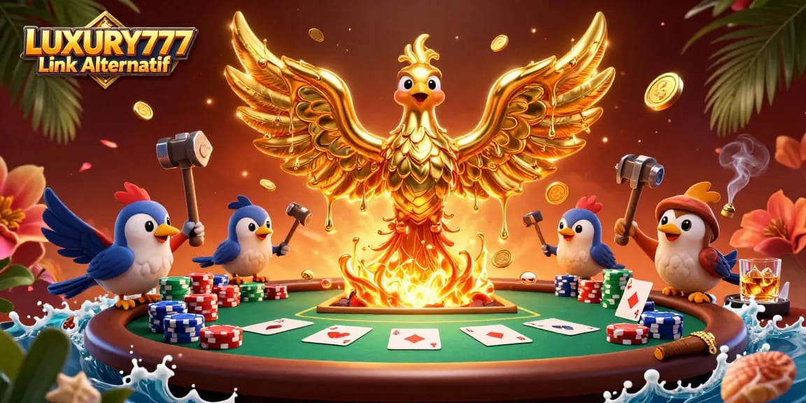 Ilustrasi 3D LUXURY777 Link Alternatif menunjukkan phoenix emas dengan elemen kasino.