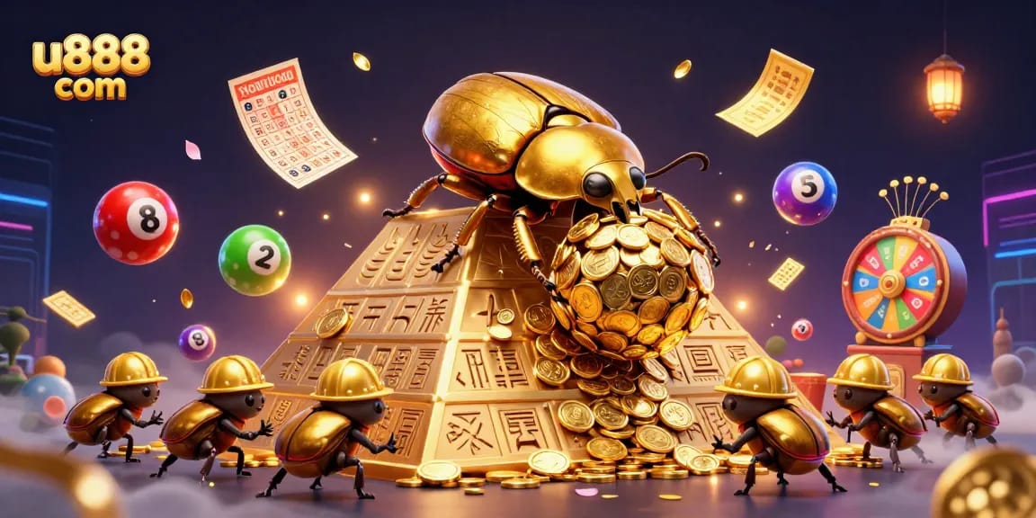 Place your bets with u888 com as golden nuggets and vibrant lottery balls create an energetic casino atmosphere.