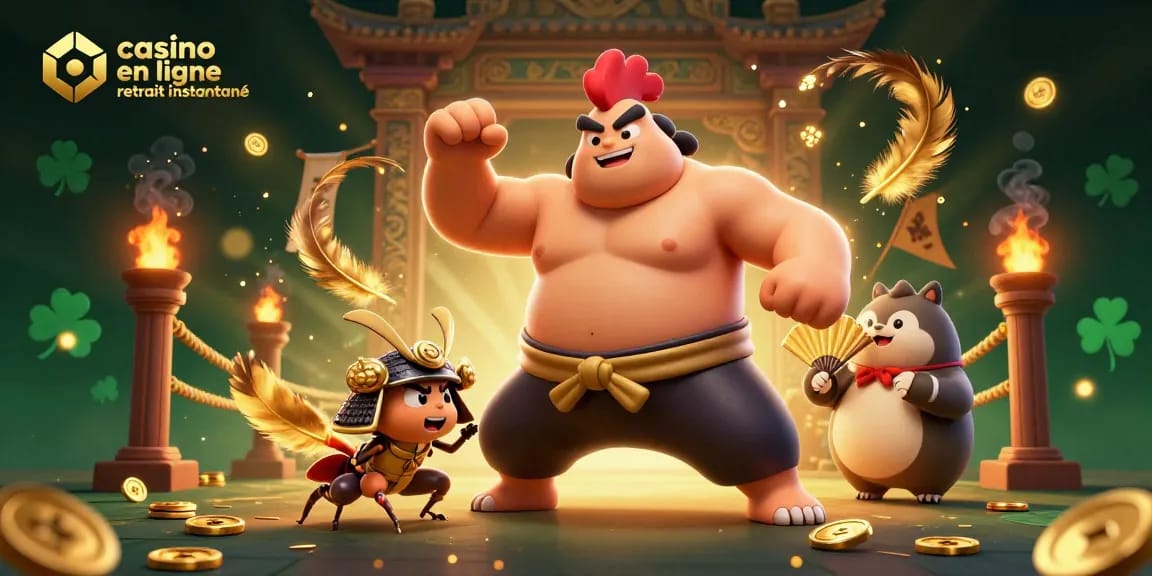 Visualisez une scène dynamique avec un casino en ligne retrait instantané où un coq sumo, un criquet samouraï et un tanuki annoncent ensemble.