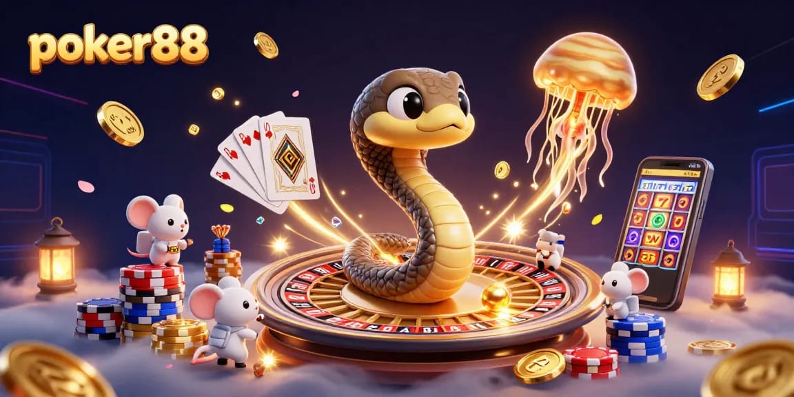 Bet on poker88 with cosmic elements like a roulette snake and astronaut mice in vibrant space.