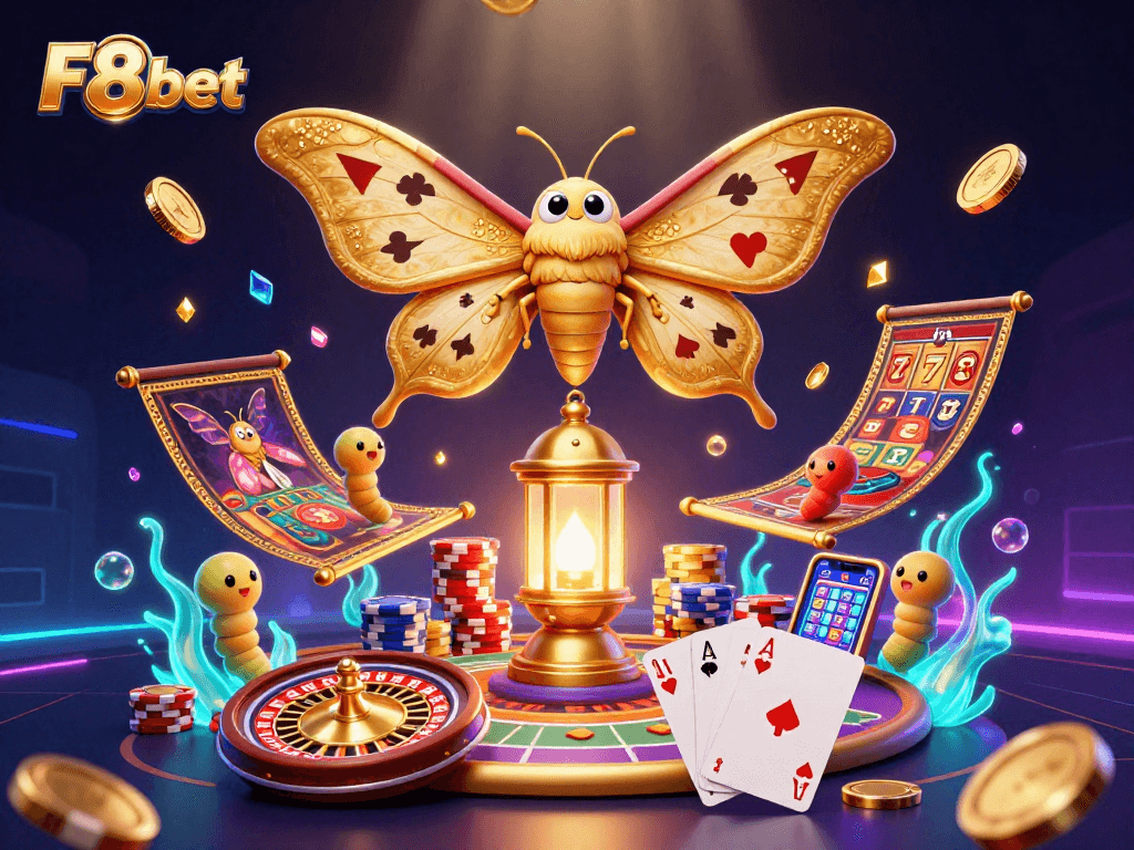 Experience thrilling gaming with F8bet's vibrant casino scene featuring a majestic moth and golden treasures.