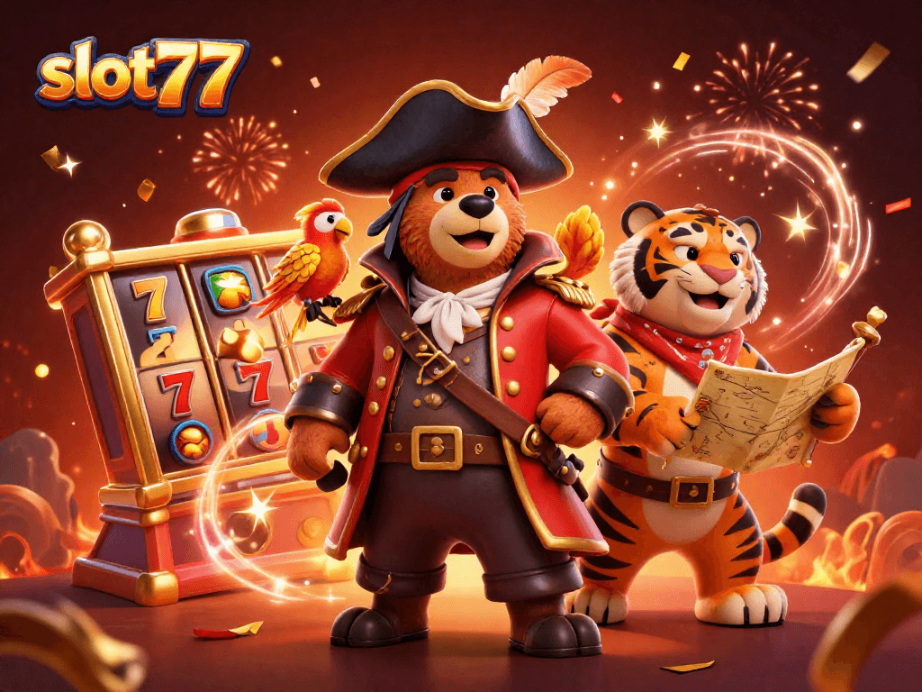 Spin the reels with slot77 and win big in this vibrant casino-themed illustration.