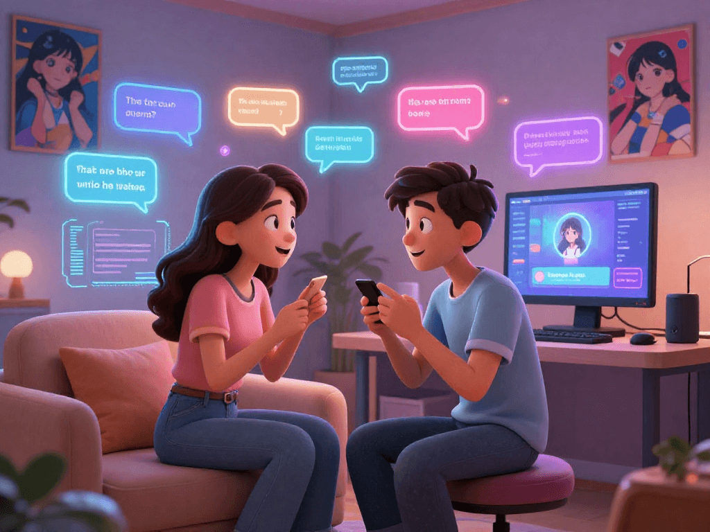 Engaging user in vibrant hentai AI chat scene with animated characters and interactive digital interface.