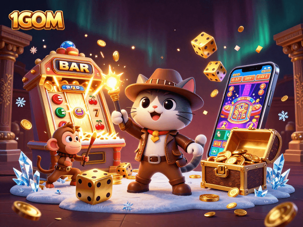 Experience exciting wins with 1GOM's treasure-filled casino scene featuring dynamic gaming elements.