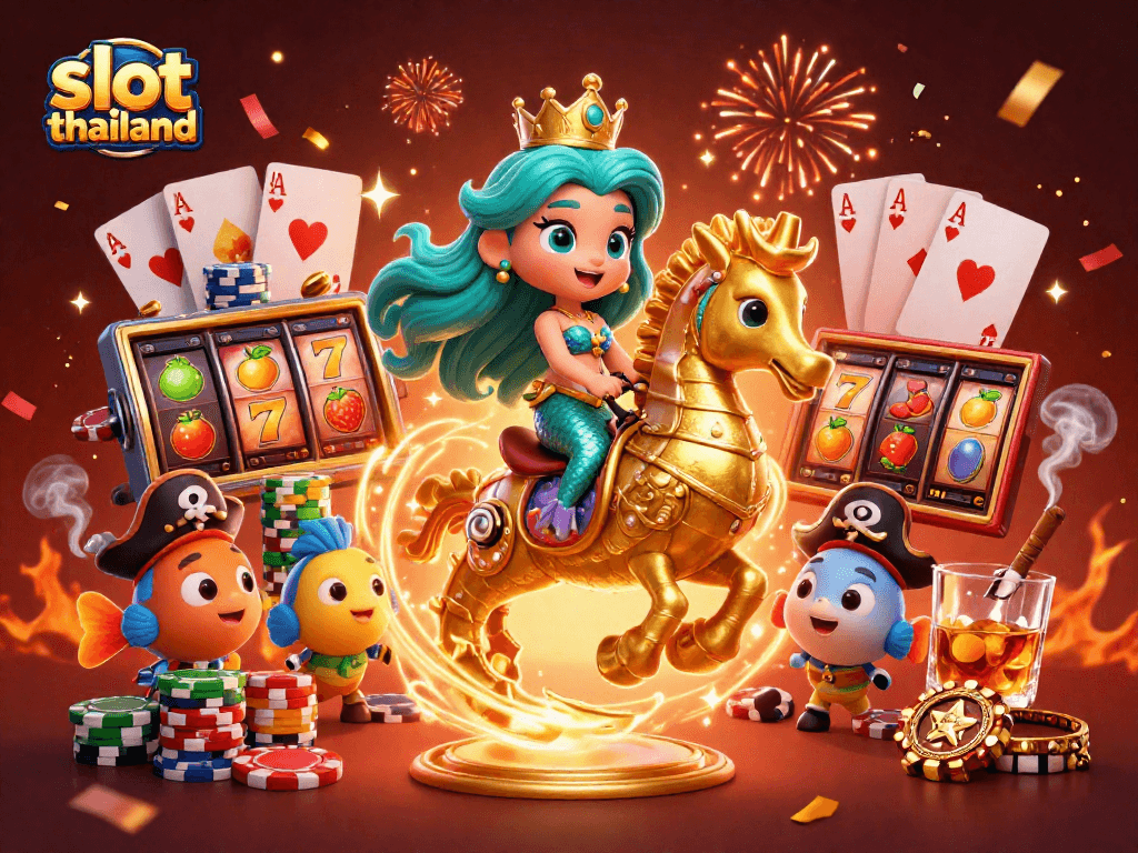 Spin the reels and win big in slot thailand, featuring vibrant characters and exciting casino elements.