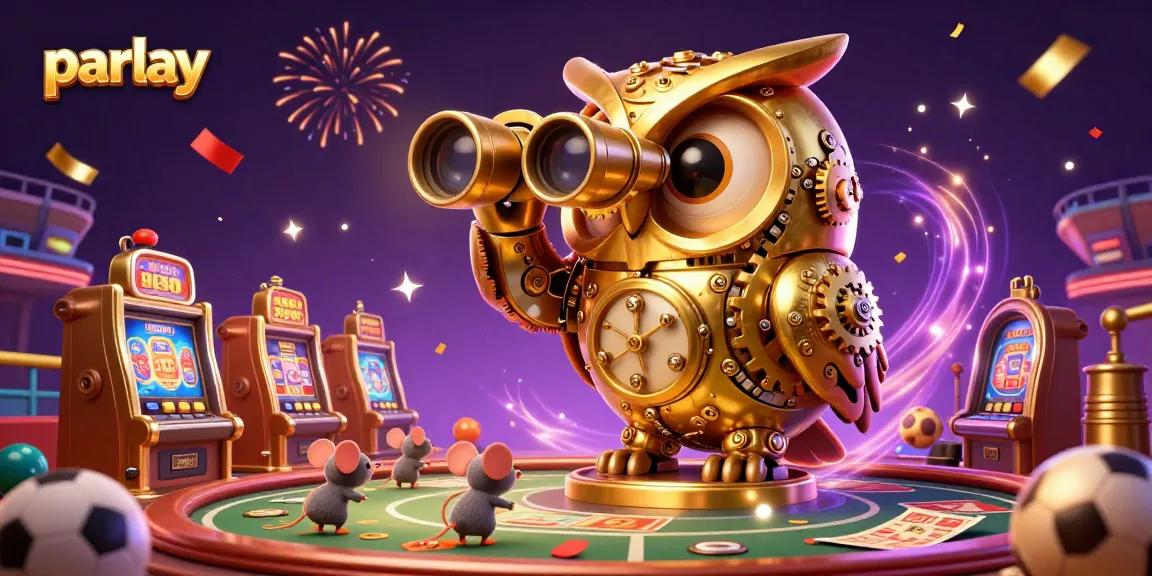 Experience thrilling parlay betting excitement with vibrant 3D casino elements showcasing sports, confetti, and owls.