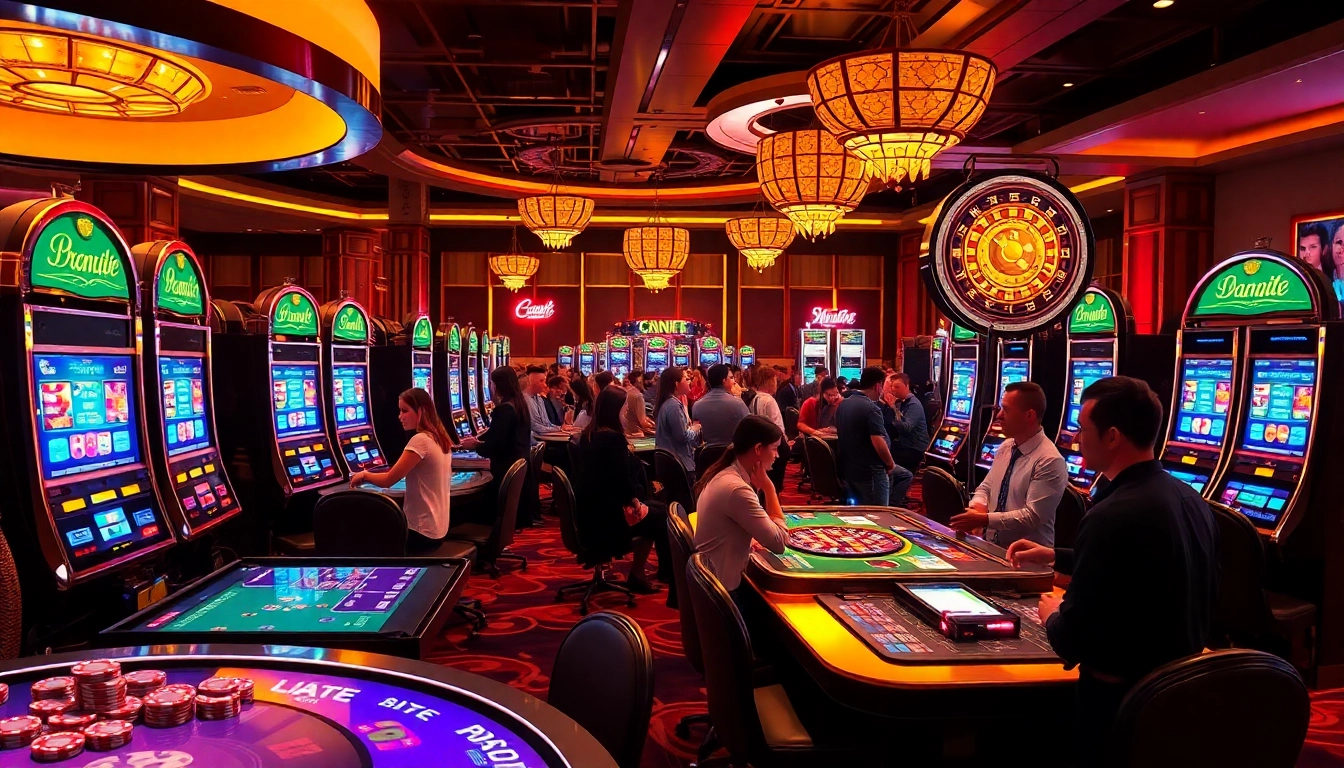 Experience thrilling gameplay with slot pragmatic play within a vibrant casino setting featuring eager gamblers and inviting slot machines.