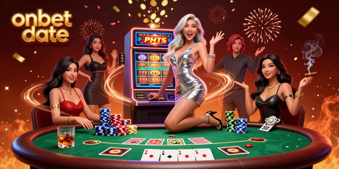 Celebrate wins at onbet date with a stunning Asian woman by a jackpot slot, surrounded by vibrant gaming elements.