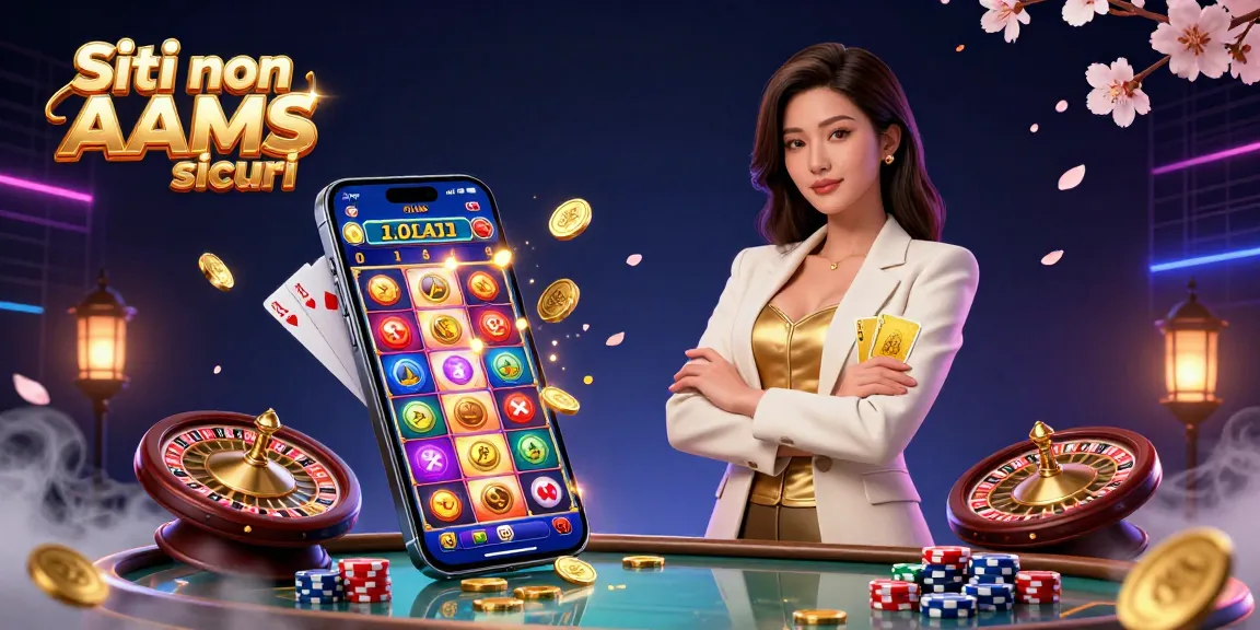 Siti non AAMS sicuri presentati in un'illustrazione 3D dinamica di una donna in carriera con fiches da poker e elementi di casinò.