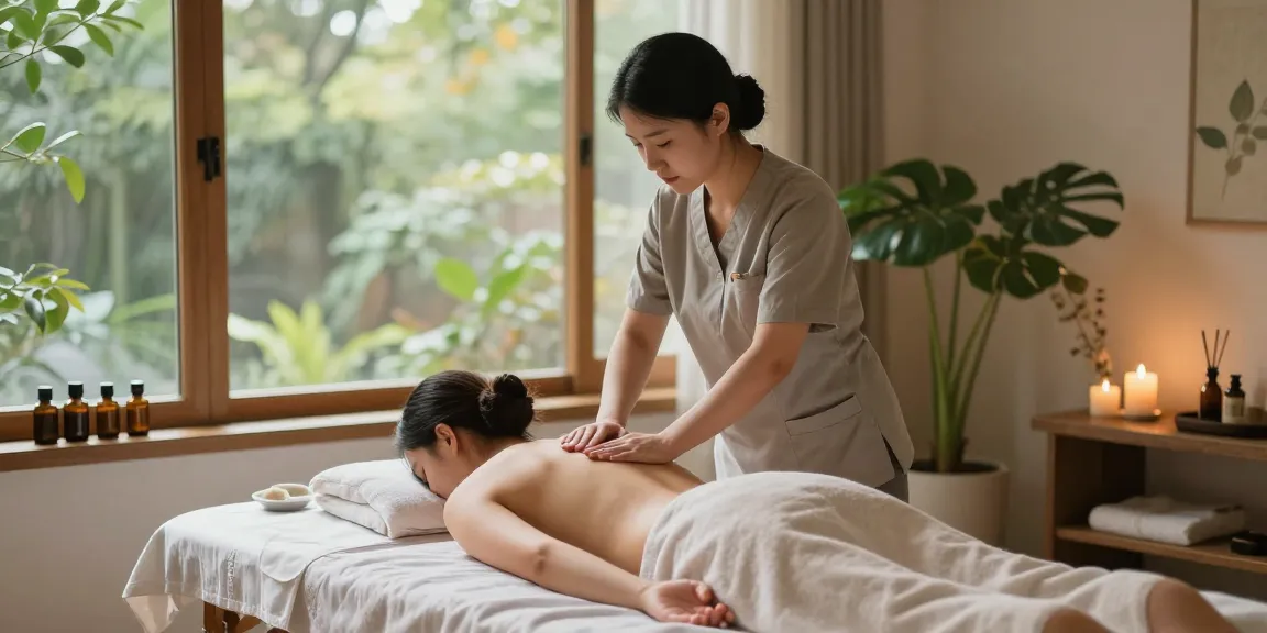 Experience tranquil 출장안마 in a soothing home environment with essential oils and calming light.