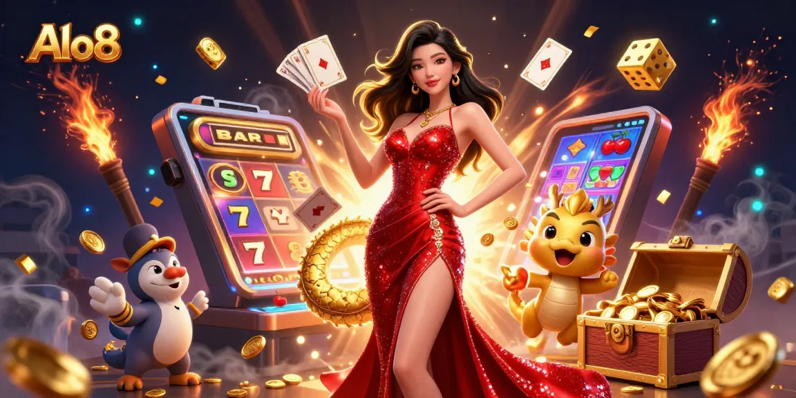 Alo8 showcases an engaging online gaming experience with a glamorous Asian woman and golden dragon mascot amidst vibrant casino elements.