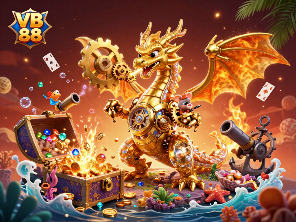 Experience the thrill of VB 88 with an epic 3D dragon scene featuring golden treasures and casino action.