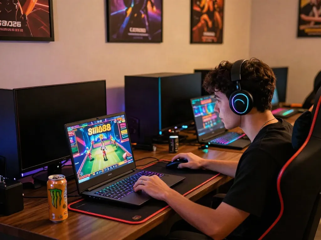 Exciting gamer engaging with slot88 online games in a vibrant gaming room setup.