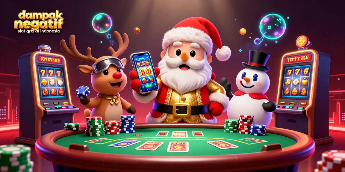 dampak negatif slot qris di indonesia highlighted in a vibrant casino scene with Santa holding a jackpot smartphone, surrounded by colorful slot machines
