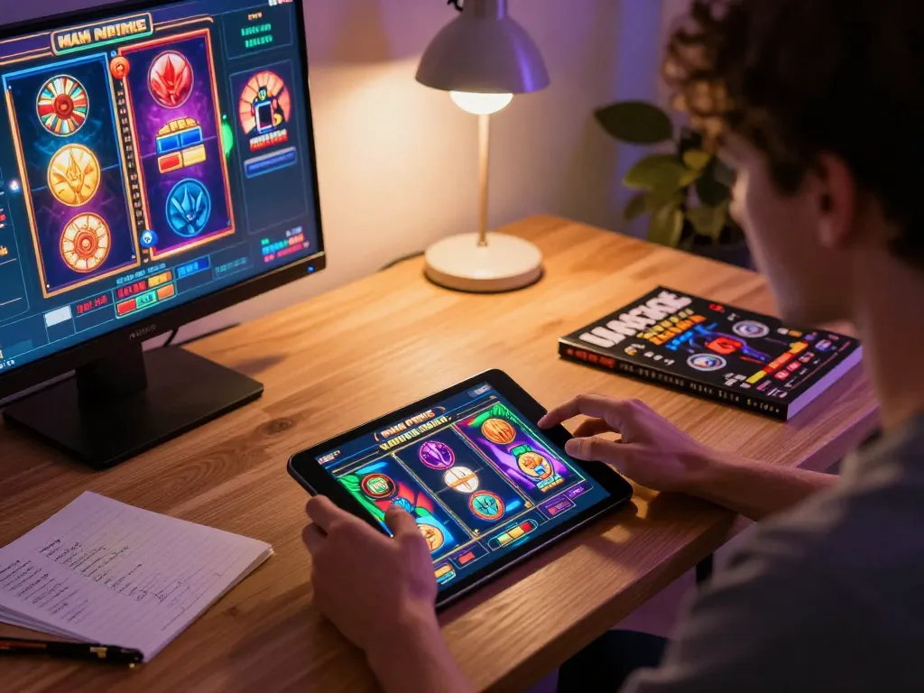 Person excelling at situs gacor slot gaming on tablet in a cozy home office.